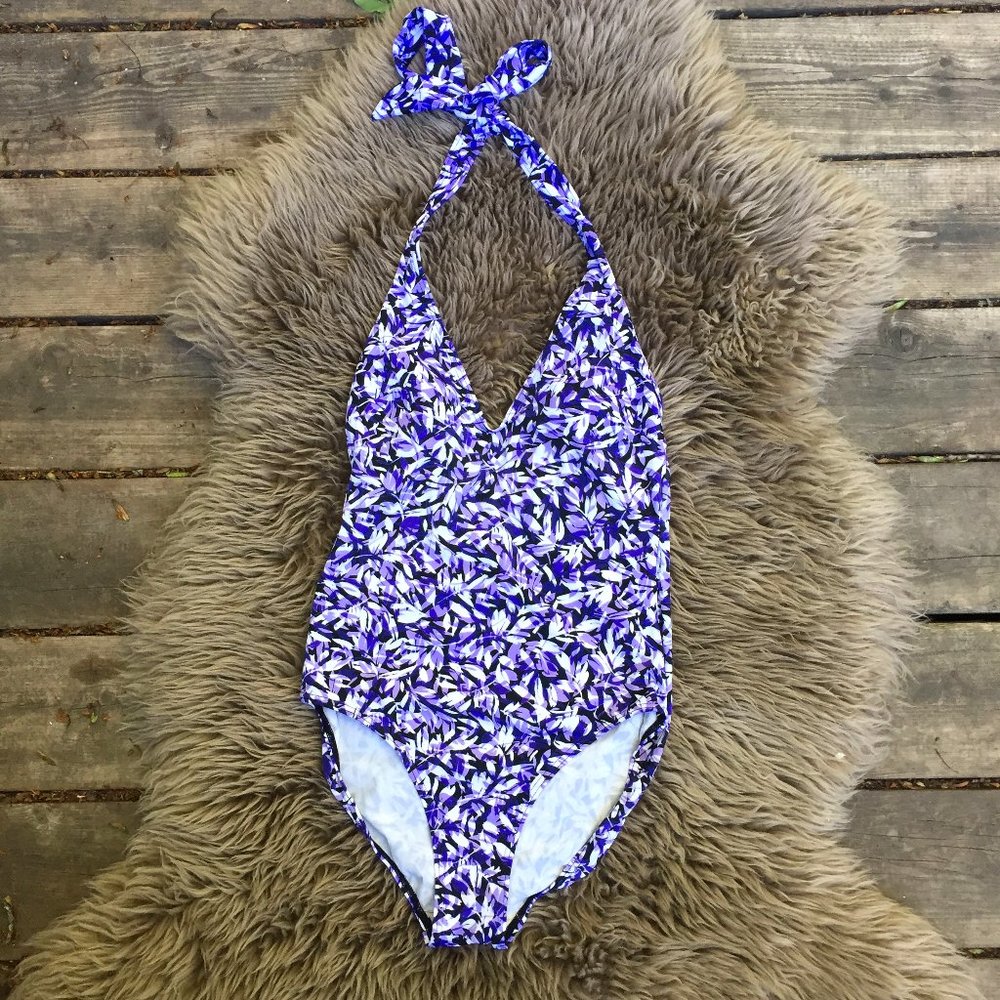 One piece purple & black leaf swimsuit - size 8